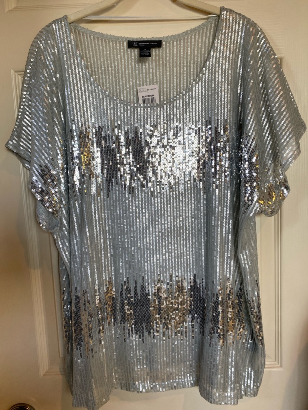 INC International Concepts Silver Sequin Short Sleeve Scoop Neck Top